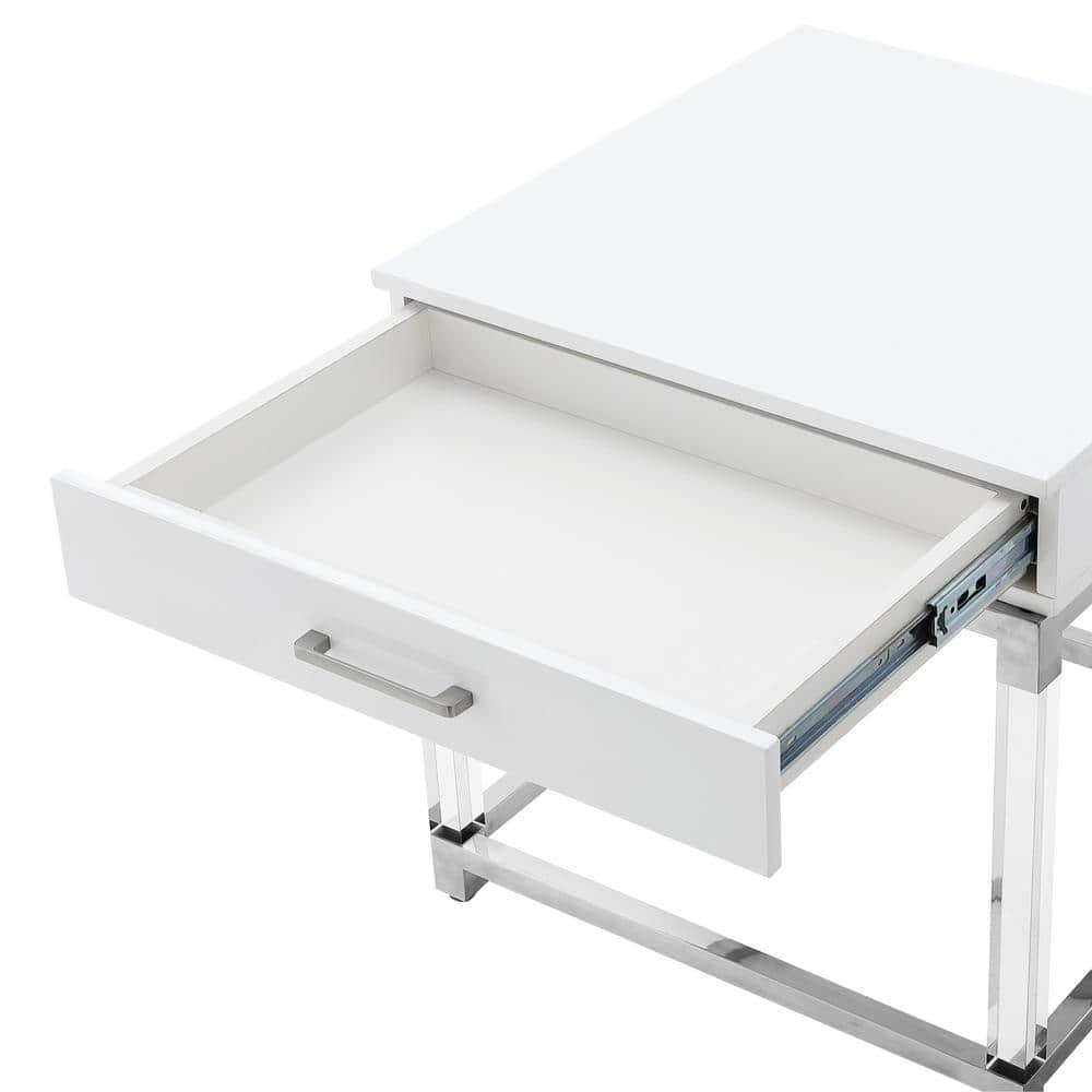 White and Chrome 1-Drawer End Table with Acrylic Legs