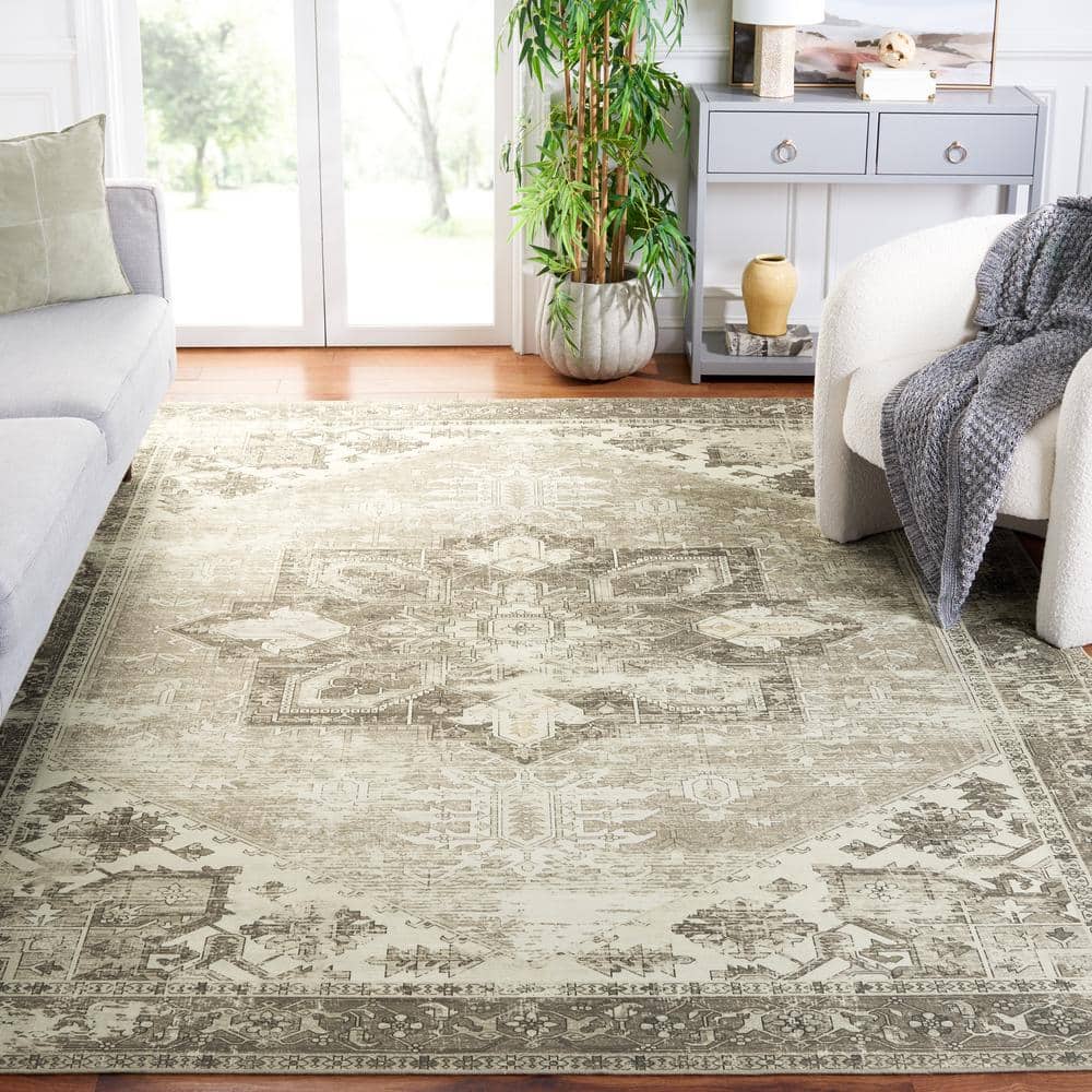 Ivory and Sage Rectangular Washable Synthetic Area Rug, 9' x 12'