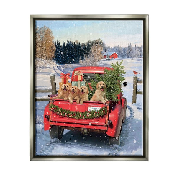 Stupell Industries Puppies in Holiday Truck by Jason Kirk 1-Piece Floater Frame Graphic Print Travel Poster Art Print 31 in. x 25 in.