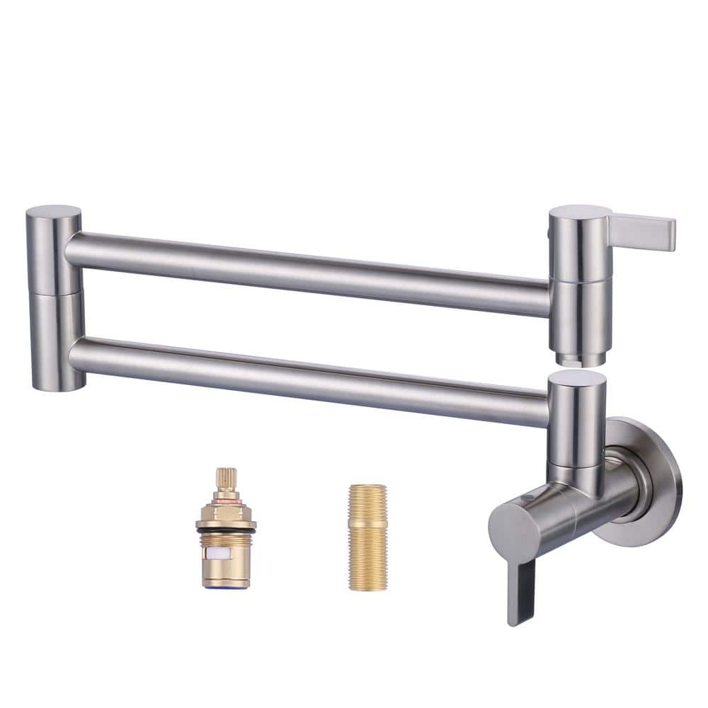 Brushed Nickel Double Handle Wall Mounted Pot Filler Faucet