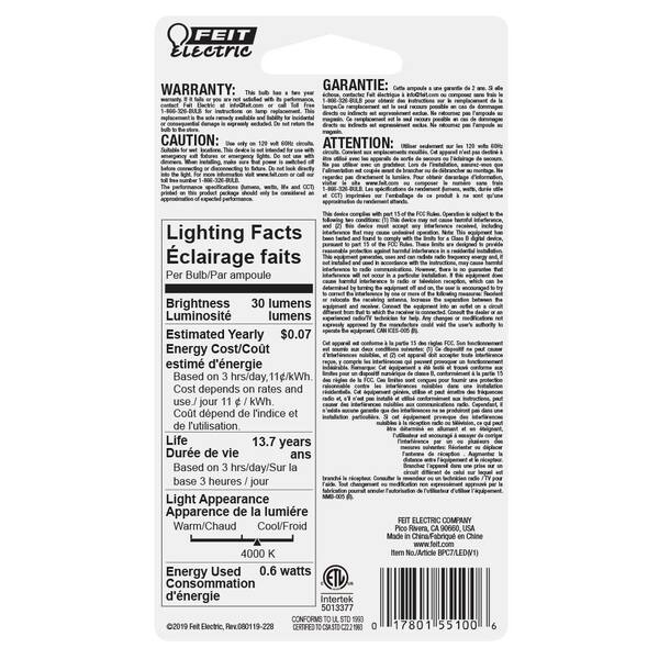 Feit Electric 1W Equivalent Clear Replacement C7 LED Night Light Bulb (2-Pack)