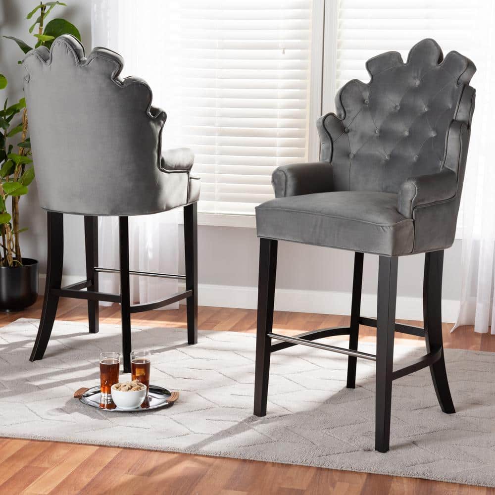 Chloe Dark Grey Velvet and Wood Barstool Set