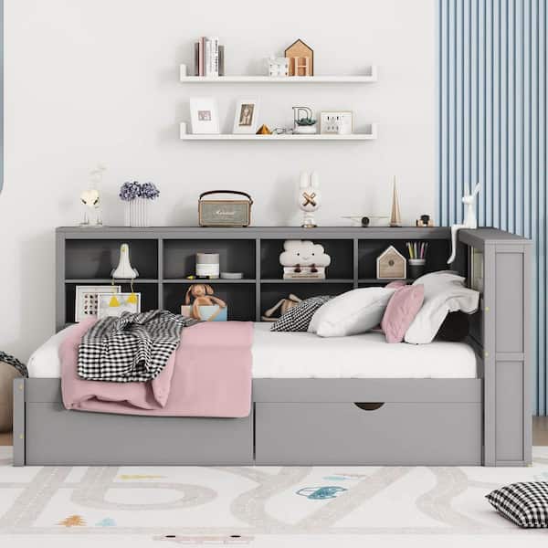 Grey Full Daybed with 2 Drawers, Storage Shelf and USB Charging Ports