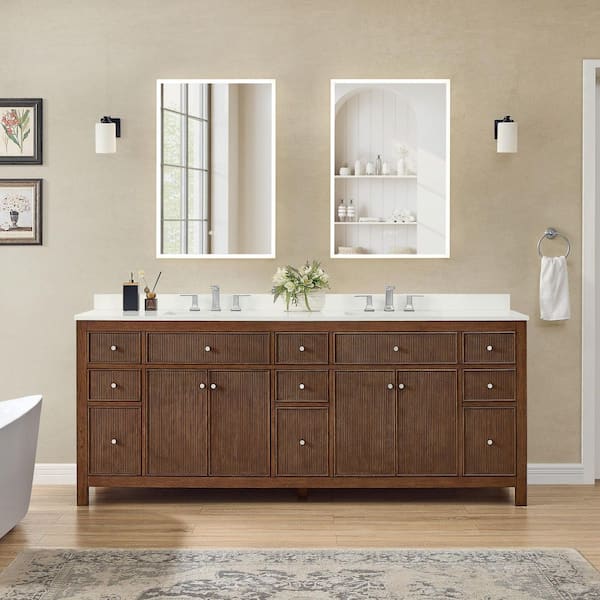 Pendry 84 in. Double Freestanding Dark Walnut with Brushed Nickel Trim Bath Vanity with White Quartz Top