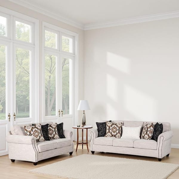 Serra 67 in. Rolled Arm Polyester Rectangle Shape with 9 Accent Pillow Sofa in. Greige and Black (Set of 2)