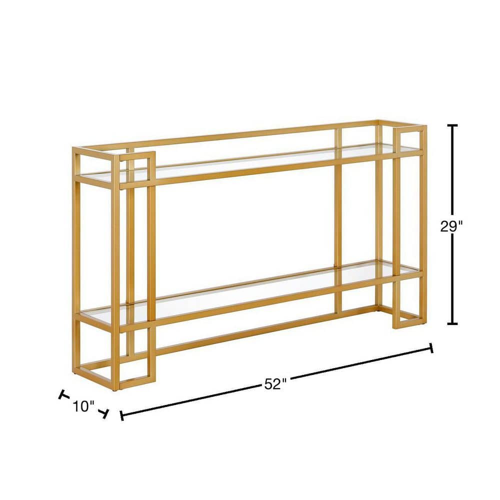 Art Deco-Inspired Brass Console Table with Tempered Glass Shelf