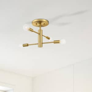 Arlo 14.25 in. 4-Light Brushed Gold Minimalist Semi Flush Mount with Bare Bulbs for Dining Rooms