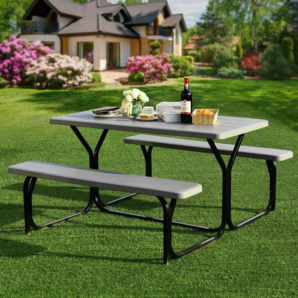 Picnic Table Bench Set Outdoor Camping All Weather Metal Base