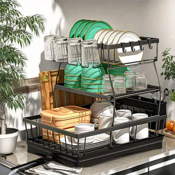 3-Tier Automatic Drainage Dish Rack-Rust-Proof Large Drying Rack for Kitchen Counter