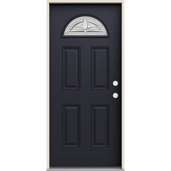 JELD-WEN 36 in. x 80 in. Left-Hand Fan Lite Decorative Glass Blakely Black Fiberglass Prehung Front Door