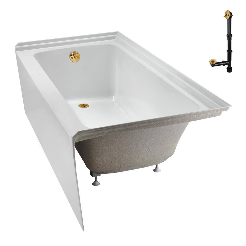 Glossy White Acrylic Alcove Bathtub with Brushed Gold Trim
