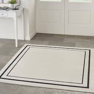 Essentials Ivory/Black 5 ft. x 5 ft. Square Solid Contemporary Indoor/Outdoor Area Rug