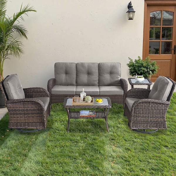 Brown 5-Piece Wicker Patio Conversation Set with Swivel Rockers, Outdoor Sofa Seating Set with Blue Cushions