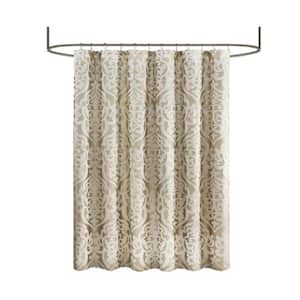 72 in. W x 72 in. L Polyester Rich Damask Medallion Design Shower Curtain in Tan Ivory for Showers, Saunas and Tubs