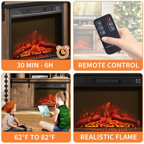 58.07 in. TV Stand with 23 in. Electric Fireplace Insert Sliding Barn Doors Open Shelve Cabinets and Remote Brown Finish