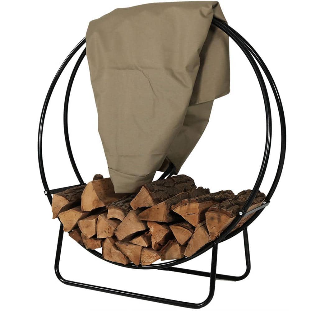 Sunnydaze Decor 24 in. Steel Firewood Log Hoop Rack in Black with Khaki Cover QX24LHKHAKI