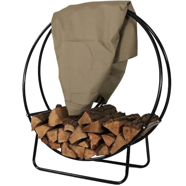 Sunnydaze 24 in. Steel Firewood Log Hoop Rack in Black with Khaki Cover