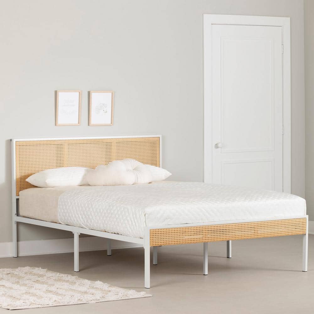 Full White and Natural Metal Platform Bed with Cane Headboard