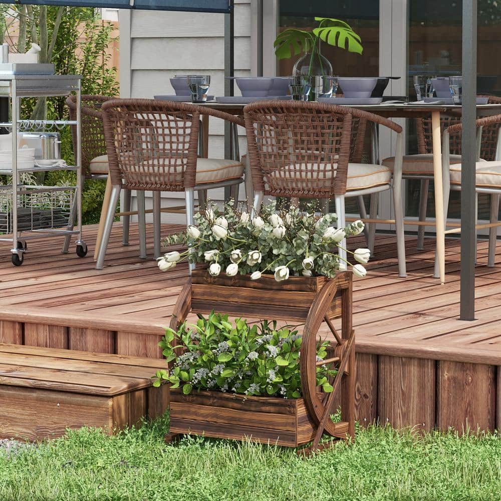 Rustic Dark Brown Wooden Wagon Wheel Planter Box