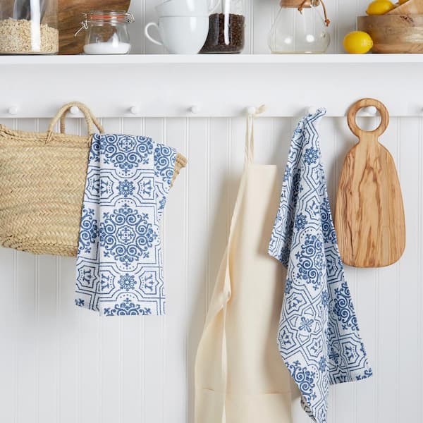 Martha Stewart Stripe Medallion Cotton Kitchen Towel Set, Blue, 2 Piece
