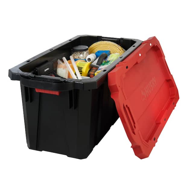 Husky 45 Gal. Latch and Stack Tote with Wheels in Black with Red Lid 206201  - The Home Depot