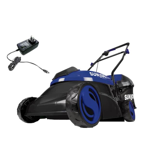 Sun Joe 14 in. 28-Volt Cordless Walk-Behind Push Mower Kit with 5.0 Ah Battery and Charger, Blue