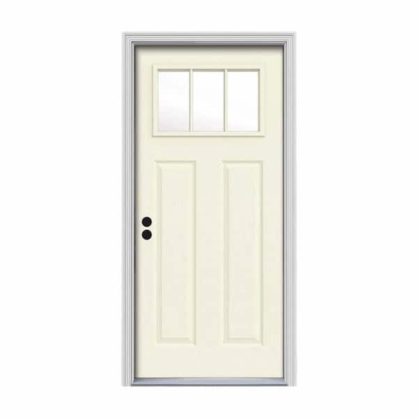 JELD-WEN 34 in. x 80 in. 3 Lite Craftsman Vanilla Painted Steel Prehung Right-Hand Inswing Front Door w/Brickmould
