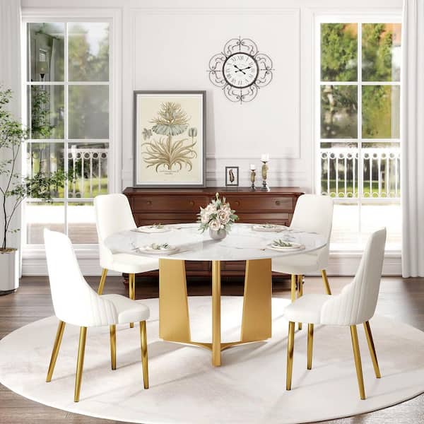 59.05 in. Ink Sintered Stone Tabletop with Gold Pedestal Base Dining Table (Seats-8)