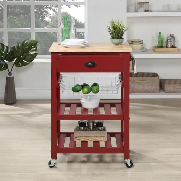 OS Home and Office Furniture Farmhouse Red Painted Kitchen Cart with Drawer and Wood Top
