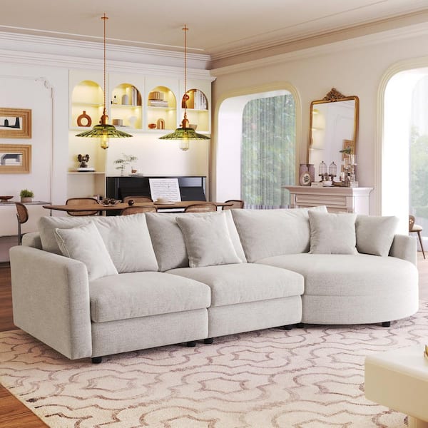111.4 in. Square Arm Polyester Sectional Sofa with 3-Pillows and Curved Seat in Beige