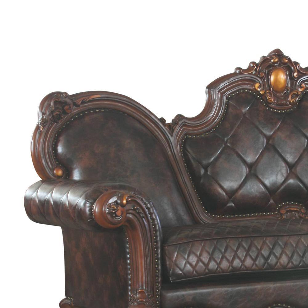 Vintage Cherry Oak Faux Leather Tufted Sofa with Nailhead Trim