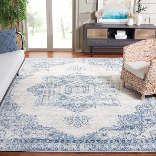 Layla 8 ft. x 10 ft. Ivory Gray/Blue Border Ornate Medallion Area Rug