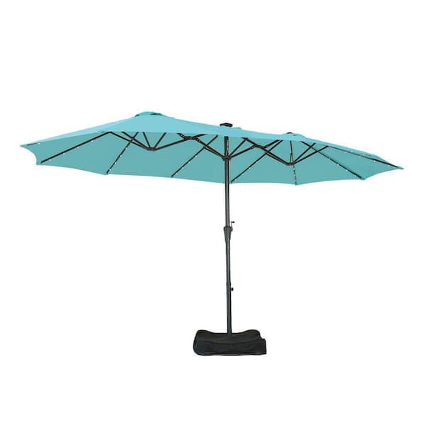 ainfox 15ft double-sided patio solar led lighted market umbrella Ainfox 15 ft. Steel Market Solar Patio Umbrella Double-Side with LED Light in Blue with Base