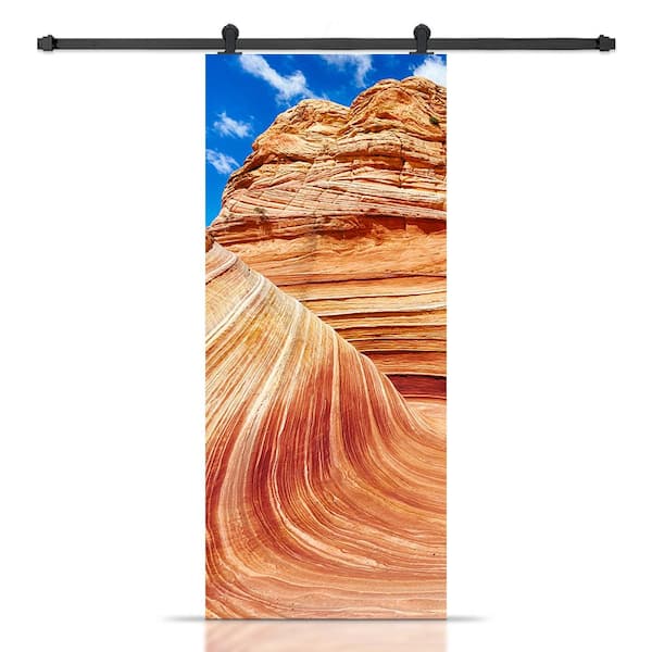 CALHOME 34 in. x 80 in. Artisan Print Series The Wave 02 MDF Modern Interior Sliding Barn Door with Hardware Kit
