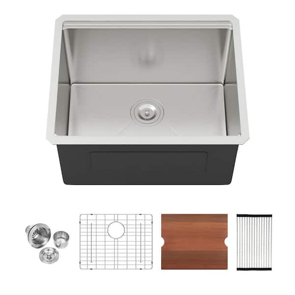 23 in. Undermount Single Bowl 16 Gauge Brushed Nickel Stainless Steel Kitchen Sink Laundry Workstation Sink