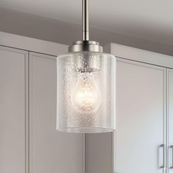 Winslow 1-Light Brushed Nickel Contemporary Kitchen Mini Pendant Hanging Light with Clear Seeded Glass