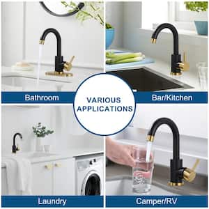 Single Hole Single Handle Stainless Steel Bar Faucet with Swivel Spout and Deckplate in Black and Gold