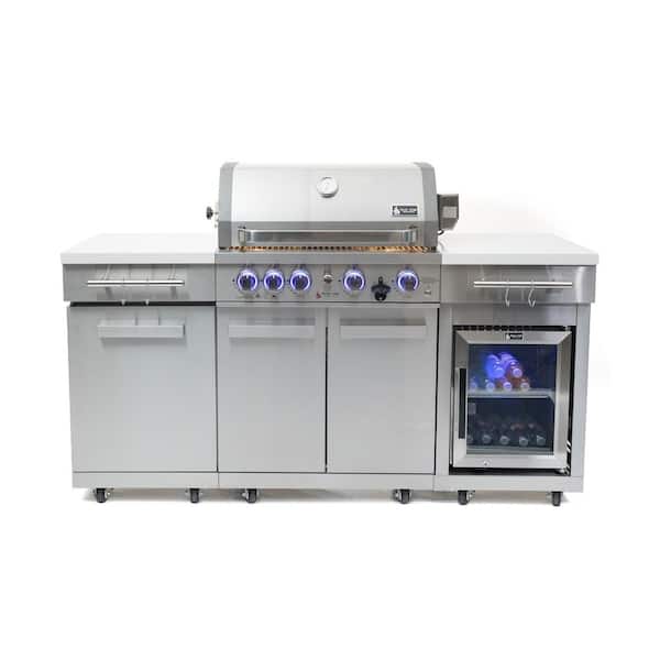 Compact Series 5-Burner Outdoor Kitchen Grill Island Propane Gas Grill Island with Fridge in Regular Stainless Steel