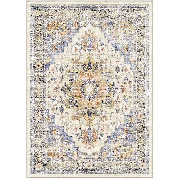 Tabriz Blue/Orange 9 ft. x 12 ft. Vintage Washable Medallion Distressed Area Rug