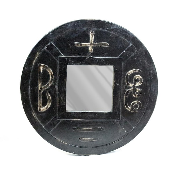 Brown 20 in. x 20 in. Modern Round Carved Wood Framed Mirror
