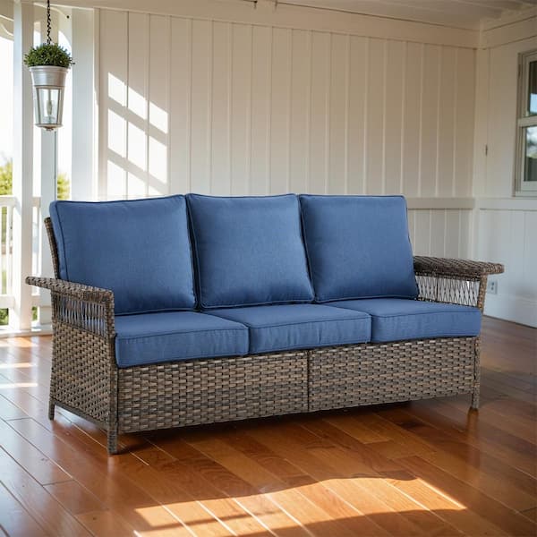 Opohoro GliderNet Metal and Brown Wicker Outdoor 3-Seat Sectional Couch Sofa with Olefin Navy Blue Cushions