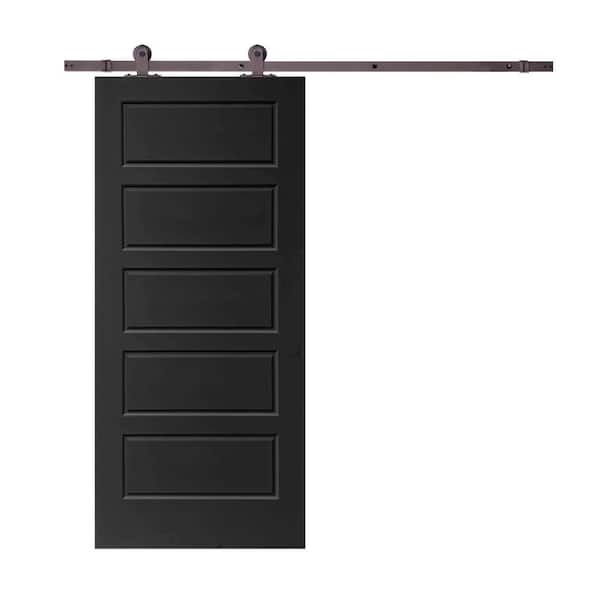 CALHOME 36 in. x 80 in. Black Stained Composite MDF 5 Panel Interior Sliding Barn Door with Hardware Kit