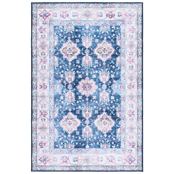 Martha Stewart Washable Navy/Beige 4 ft. x 6 ft. Machine Washable Floral Border Area Rug