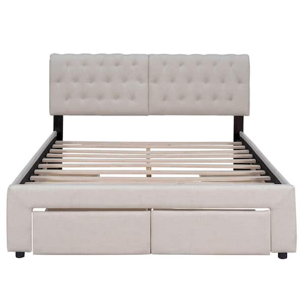Angel Sar Beige Wood Frame Queen Size Upholstery Platform Bed with Four Drawers, Tufted Headboard