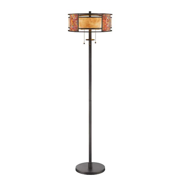 Filament Design 60 in. 3-Light Bronze Floor Lamp with White Mica and Tile Glass