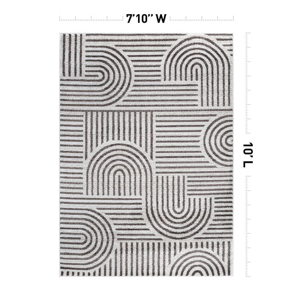 Modern Geometric Brown and Ivory Synthetic Area Rug 7'10" x 10'