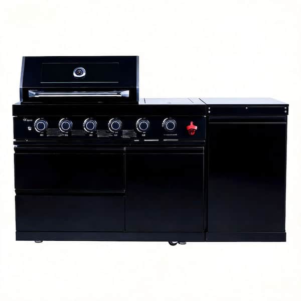 4-Burner Propane Outdoor Kitchen Grill Island with Side Burner, Rotisserie, Fridge and Granite Top in Stainless Steel