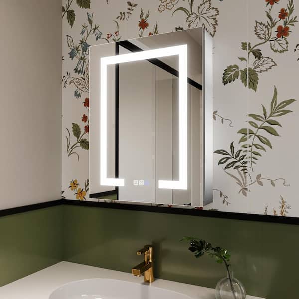 ExBrite 20 in. W x 26 in. H Rectangular Sliver Aluminum Recessed/Surface Mount Left Medicine Cabinet with Mirror LED