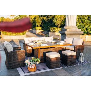 Brown 7-Piece PE Rattan Wicker Patio Outdoor Sectional Sofa Set with Firepit, Ice Container Table and Beige Cushions