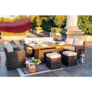 Brown 7-Piece PE Rattan Wicker Patio Outdoor Sectional Sofa Set with Firepit, Ice Container Table and Beige Cushions